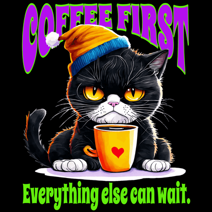 Coffee First Cat Unisex T-Shirt aus schwerer Baumwolle-Sarkasmus – lustiges und gemütliches T-Shirt für Katzenliebhaber